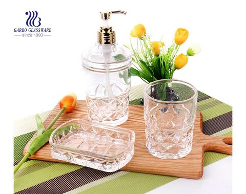 Wholesale home use high quality clear 3pcs glass bathroom accessory set