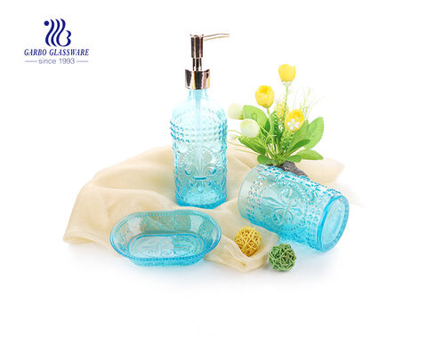 China cheap price colorful lotion dispenser and glass pump bathroom set