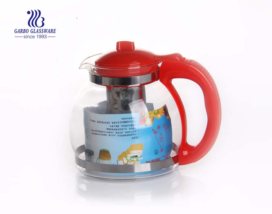 Glass tea pot with short spout and colourful handgrips for Amazon resell