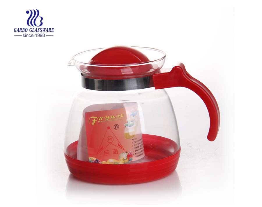 Glass tea pot with short spout and colourful handgrips for Amazon resell