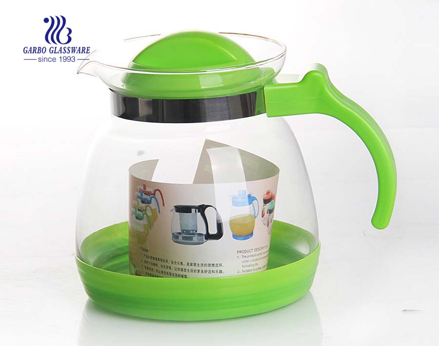 Glass tea pot with short spout and colourful handgrips for Amazon resell