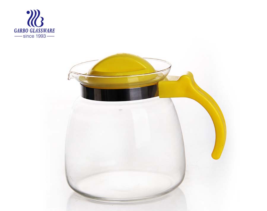 Glass tea pot with short spout and colourful handgrips for Amazon resell