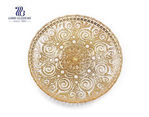 Weddding use big 13 inch gold silver glass flat dinner plate 