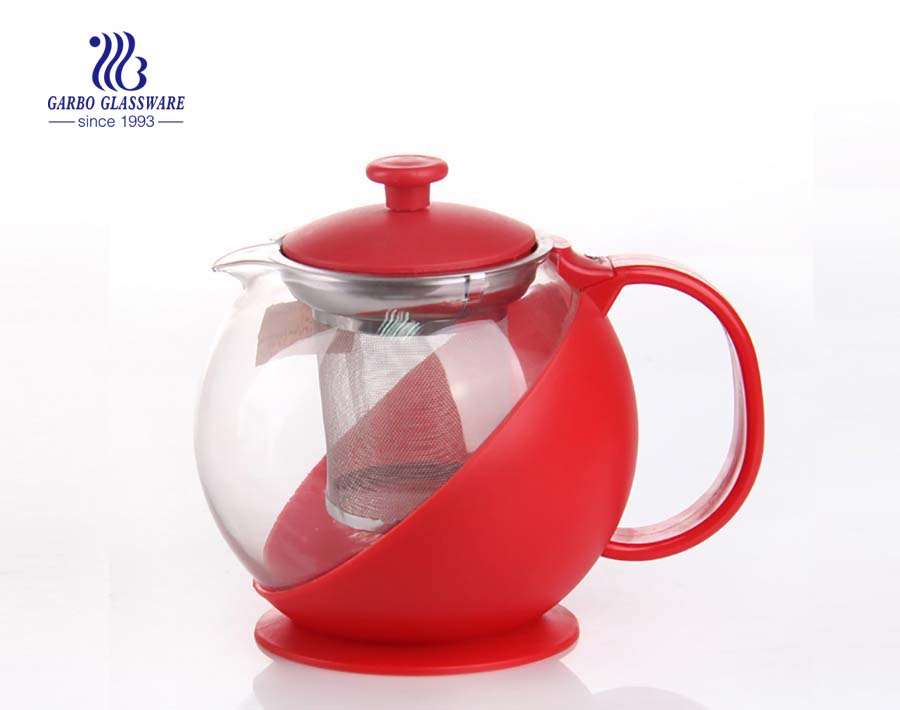 1.5L machine blown glass teapot with stainless strainer and customized color handgrip