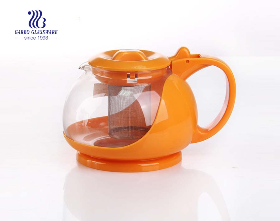 1.5L machine blown glass teapot with stainless strainer and customized color handgrip