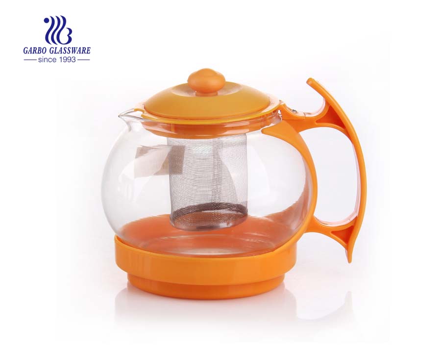 1.5L machine blown glass teapot with stainless strainer and customized color handgrip