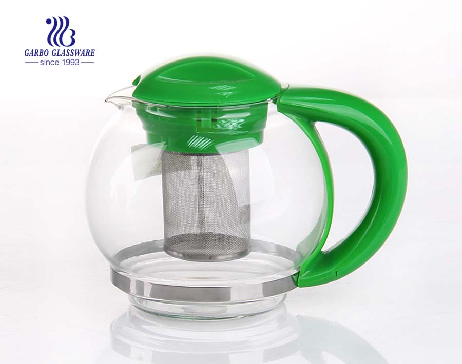 1.5L machine blown glass teapot with stainless strainer and customized color handgrip
