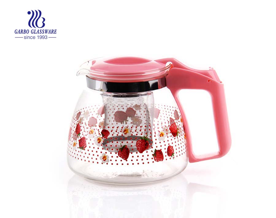 900ml-1400ml transparent clear glass teapot cheap wholesale with tea strainer and custom decal