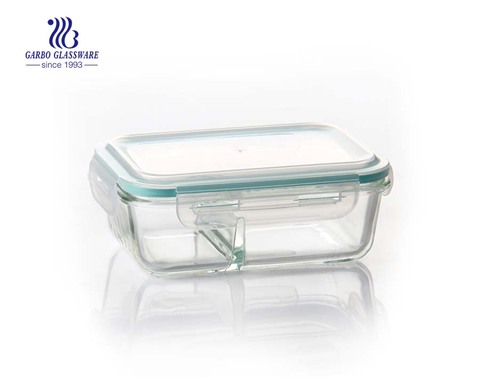7.2inch 2 divisor caja de almuerzo de vidrio de pyrex con tapa hermética de plástico y silicona