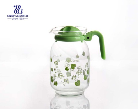 Günstiger Preis FOB CHONGQIANG benutzerdefinierte Aufkleber Glaskrug Teekanne mit bunten Kunststoffabdeckung Zubehör