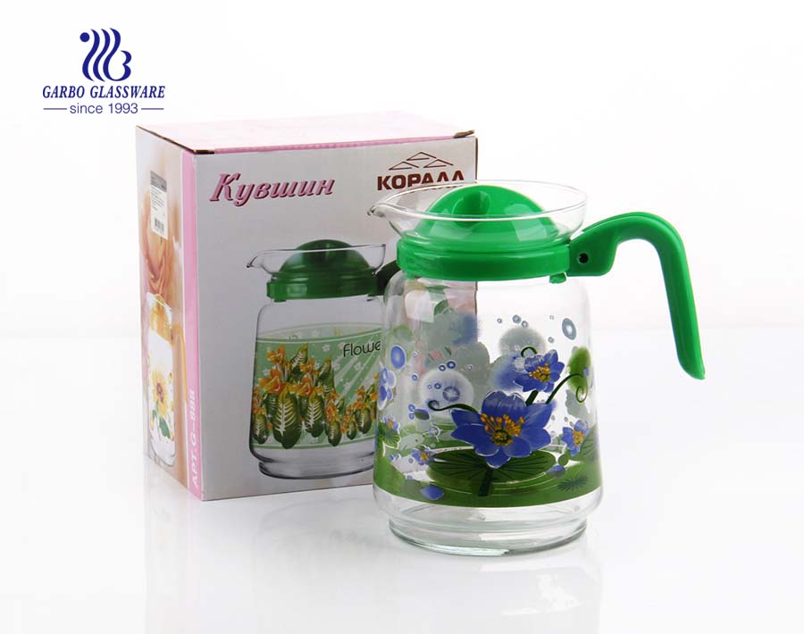 Cheap price FOB CHONGQIANG custom decal glass jug teapot with colourful plastic cover accessory