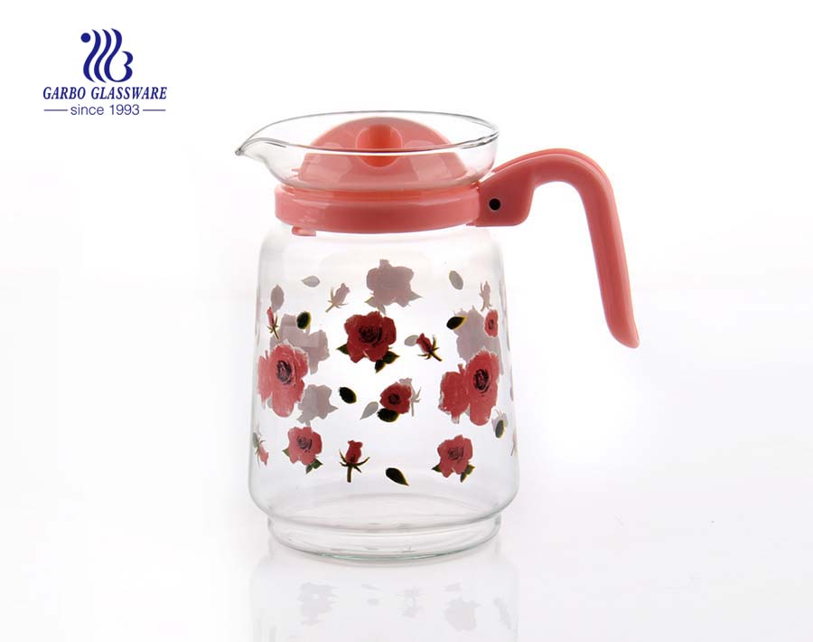 Cheap price FOB CHONGQIANG custom decal glass jug teapot with colourful plastic cover accessory