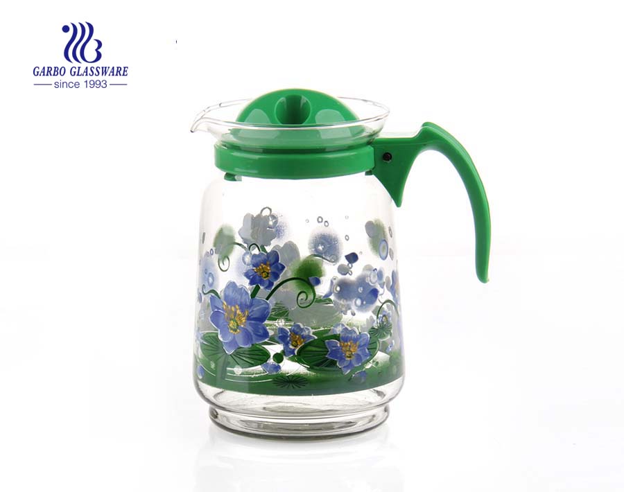 Cheap price FOB CHONGQIANG custom decal glass jug teapot with colourful plastic cover accessory