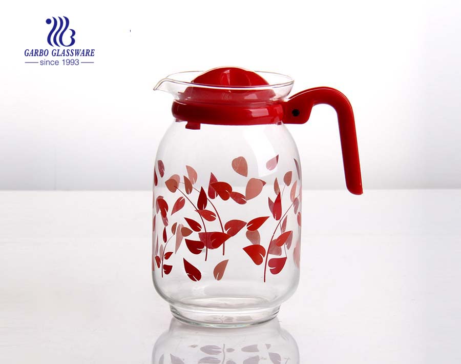 Cheap price FOB CHONGQIANG custom decal glass jug teapot with colourful plastic cover accessory