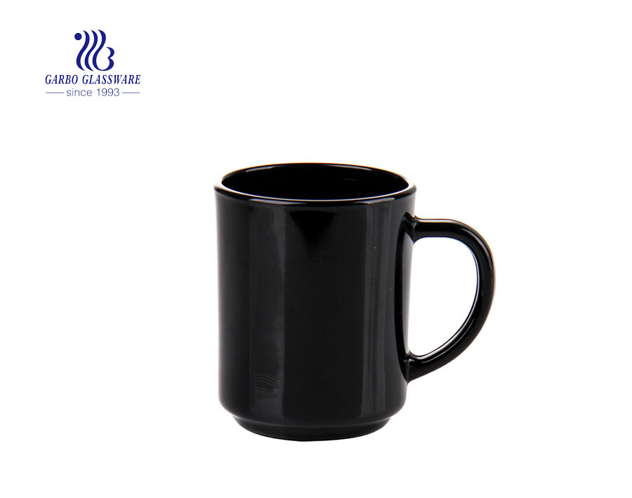 Tasse en verre opale noire de tasse de thé de café de poignée de 380ml pour la maison utilisée