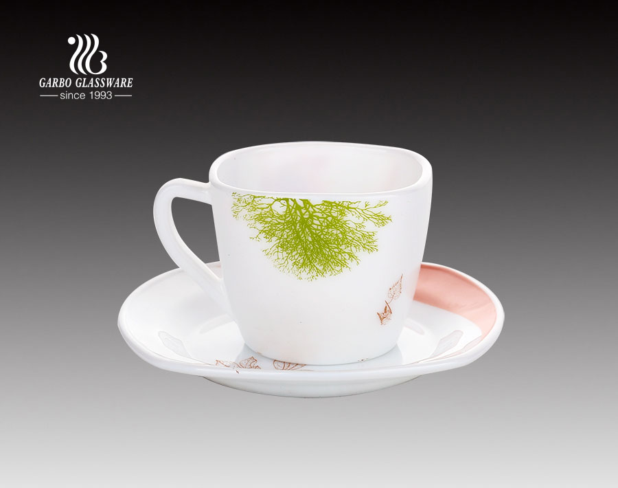 Ensemble de tasse et de soucoupe en verre opale de vente chaude de thé 8 oz