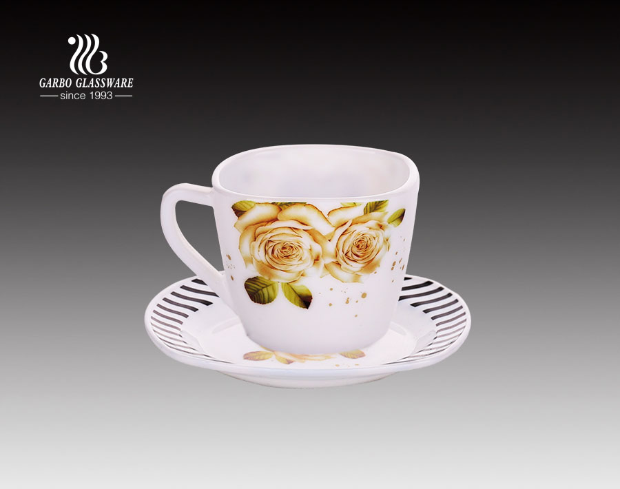 8oz tea drinking hot sale opal glass mug and saucer set 