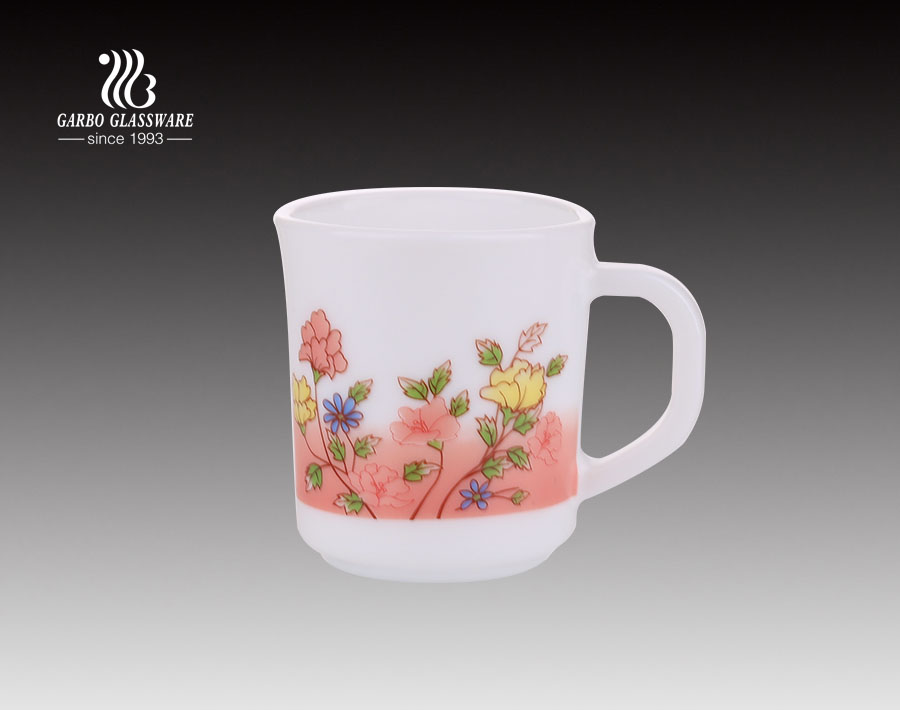 380ml Customized Decal Print Decoration Opal Glass Mug With Handle