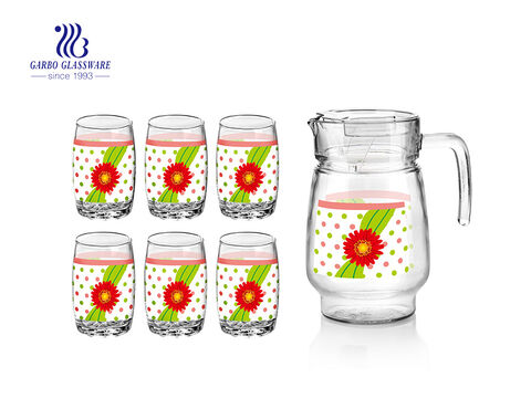 Venta al por mayor Restaurante / Hotel uso flor diseño 7pcs vaso jugo jugo conjunto