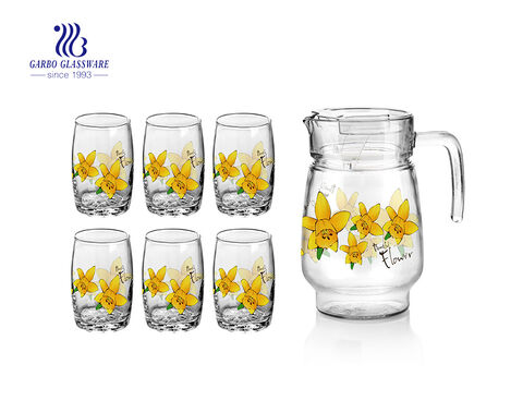 Venta al por mayor Restaurante / Hotel uso flor diseño 7pcs vaso jugo jugo conjunto