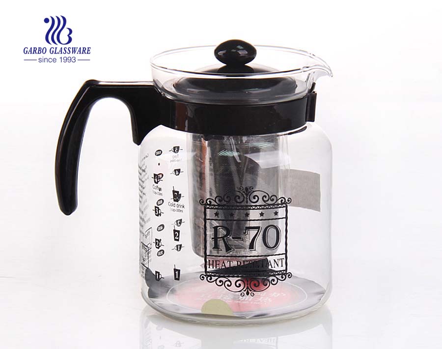 Bule de chá de vidro soprado e prensado à máquina com acessórios de alça de plástico de cor personalizada
