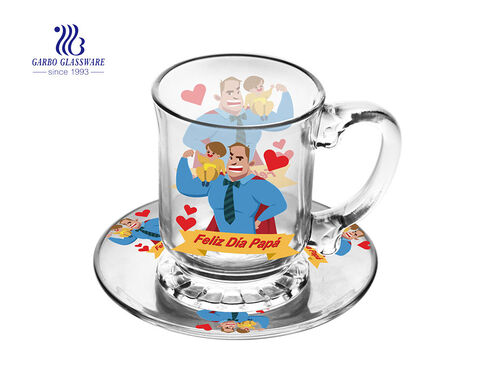 Taza promocional de vidrio para café con platillos para regalo de feliz Navidad