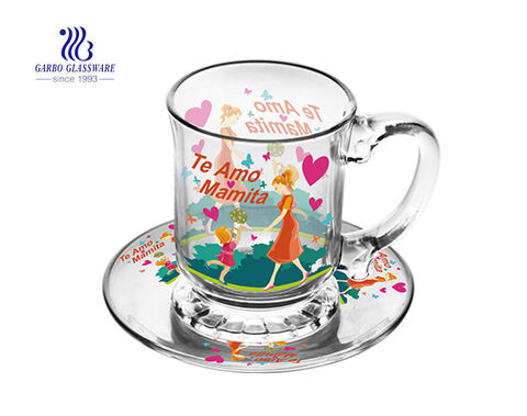 Taza promocional de vidrio para café con platillos para regalo de feliz Navidad