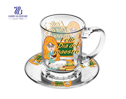 Promotional coffee glass mug with saucer sets for Merry Christmas Gift