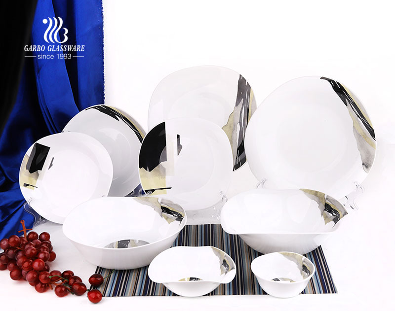 China factory price OEM decal square 26pcs tempered opal glass dinnerware set