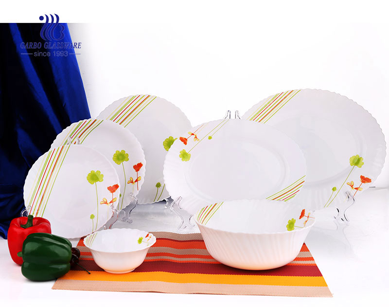 China factory price OEM decal square 26pcs tempered opal glass dinnerware set