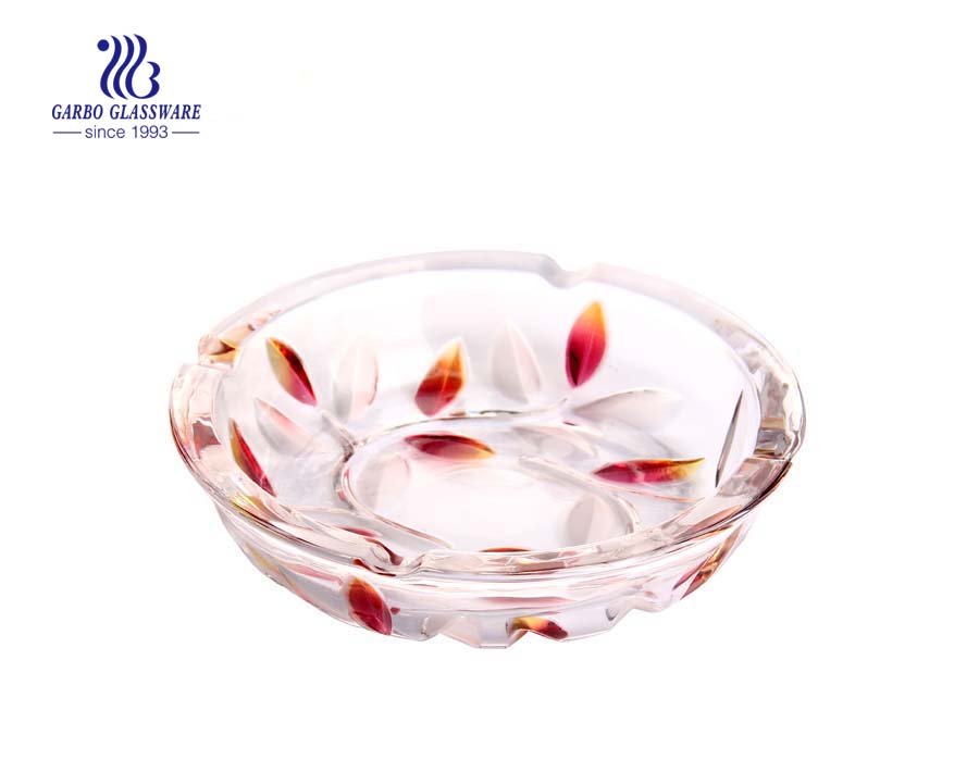 Round glass ashtray printing with leaves pattern for decoration