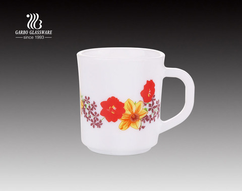 Taza de té de vidrio de ópalo de 240 ml con calcomanías de flores