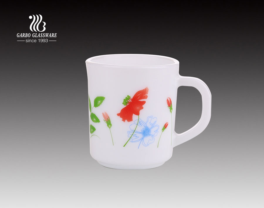 Taza de té de vidrio de ópalo de 240 ml con calcomanías de flores