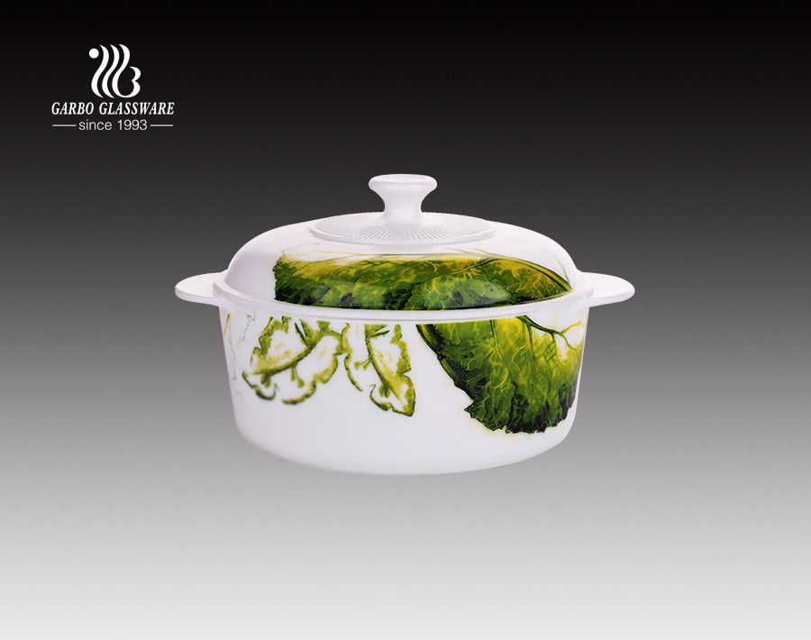 Rectangle shape custom printing decal opal glass heat resistant tempered soup pot with lid