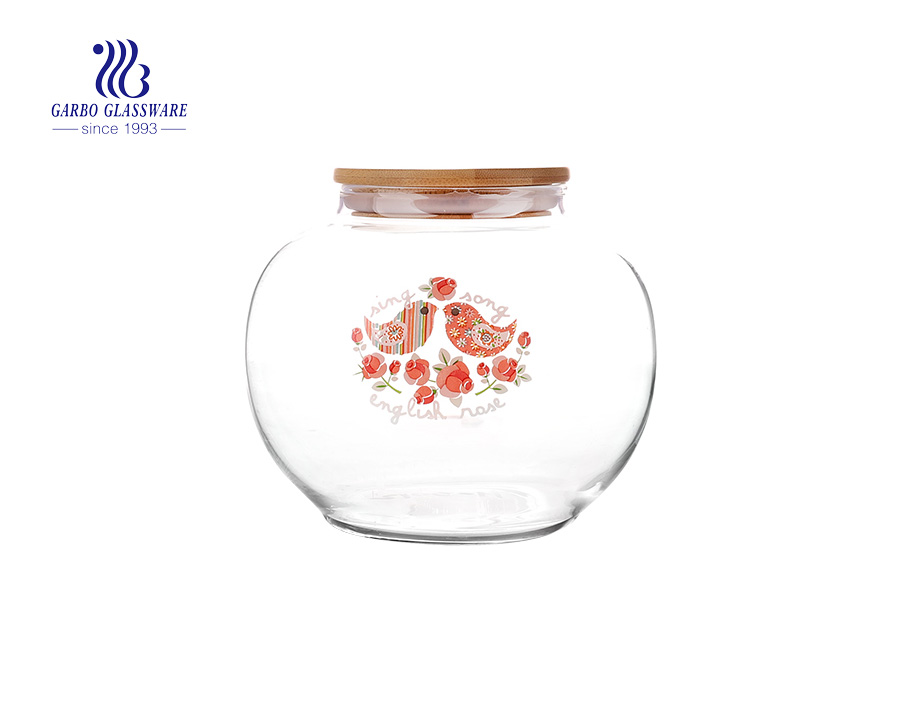 1300ml clear Canister set glass food storage with decals and airtight bamboo lid Made in China 