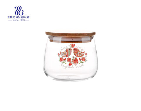 1300ml clear Canister set glass food storage with decals and airtight bamboo lid Made in China 