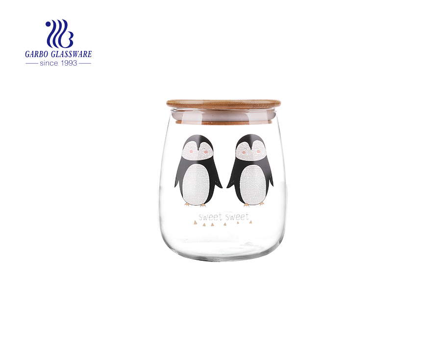 1300ml clear Canister set glass food storage with decals and airtight bamboo lid Made in China 