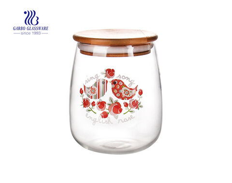 1300ml clear Canister set glass food storage with decals and airtight bamboo lid Made in China 