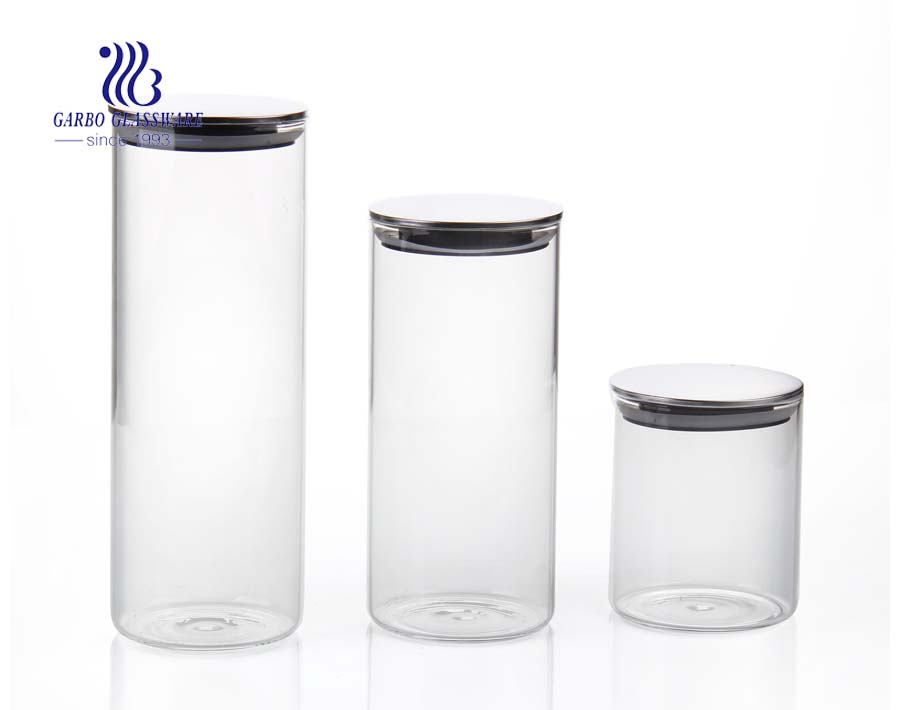 Set of 4 Stackable Airtight Glass Storage Canisters with decals, Lead Free Borosilicate Glass, with Stainless Steel Lid, for Tea Leaves, Nuts, Seasoning and Coffee Beans Storage 