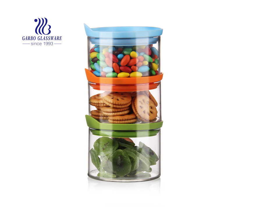 Set of 4 Stackable Airtight Glass Storage Canisters with decals, Lead Free Borosilicate Glass, with Stainless Steel Lid, for Tea Leaves, Nuts, Seasoning and Coffee Beans Storage 