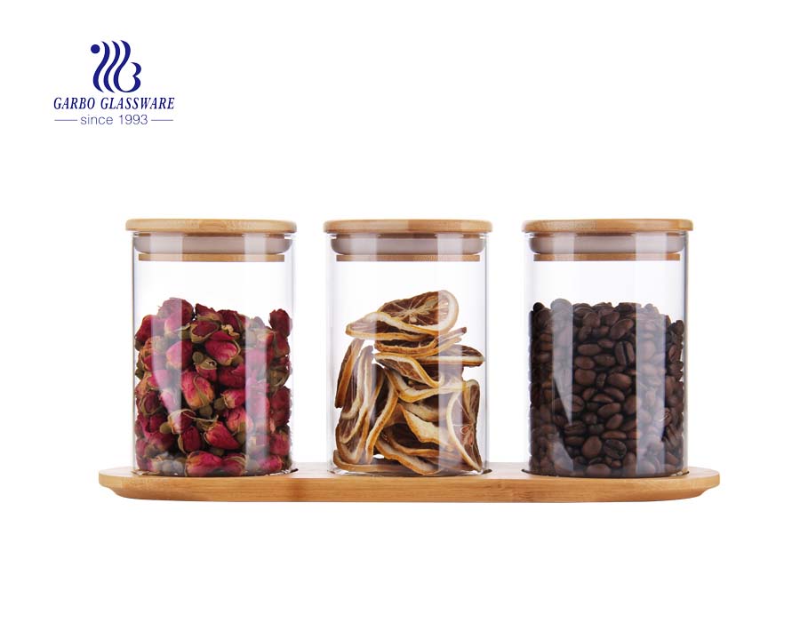 Set mit 4 stapelbaren luftdichten Glasvorratsbehältern mit Abziehbildern, bleifreiem Borosilikatglas und Edelstahldeckel für Teeblätter, Nüsse, Gewürze und Aufbewahrung von Kaffeebohnen