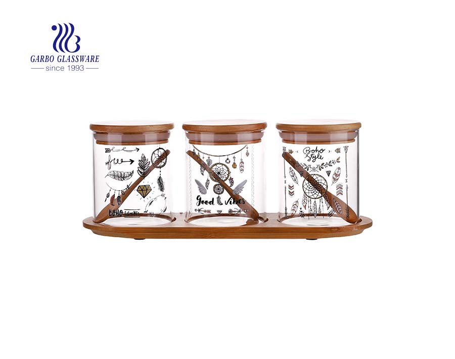 Set di 3 barattoli in vetro ermetico in bambù con vassoio in legno per cucina, bagno, conservazione degli alimenti - Ecologico senza BPA