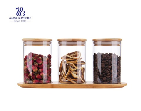 3 Piece Bamboo Airtight Glass Jar Organizer Set with wooden tray for Kitchen, Bathroom, Food Storage - BPA Free Eco-Friendly
