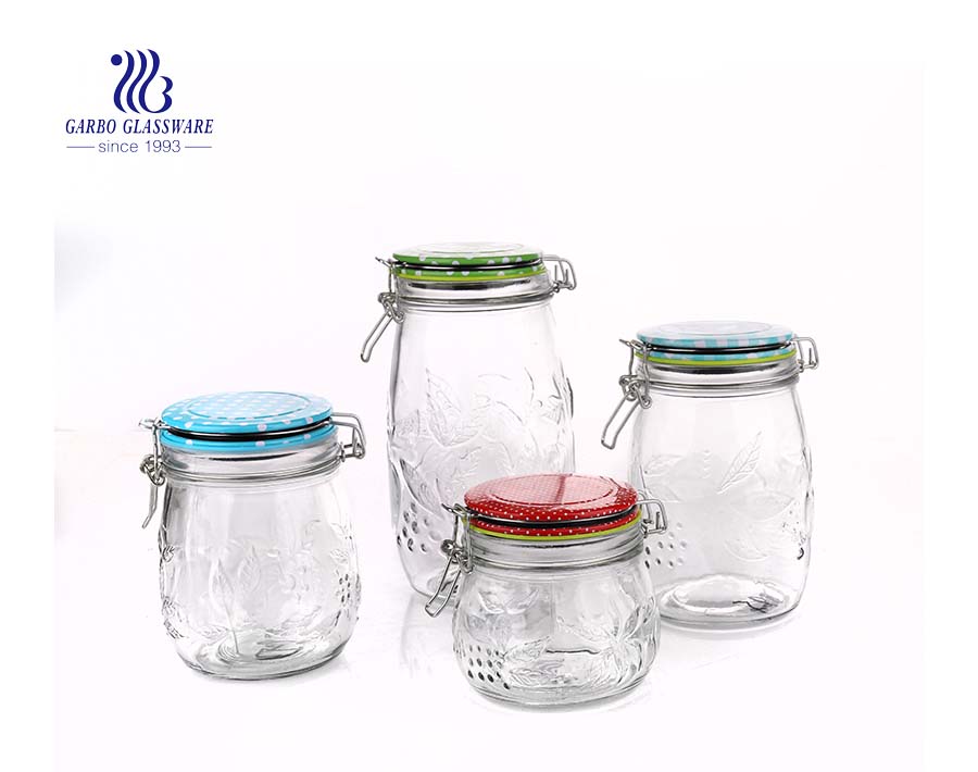 Ensemble de 4 contenants de cuisine hermétiques en verre transparent et pots de mise en conserve avec couvercles de serrage de joint hermétique de déclencheur de caution (couvercle rouge)