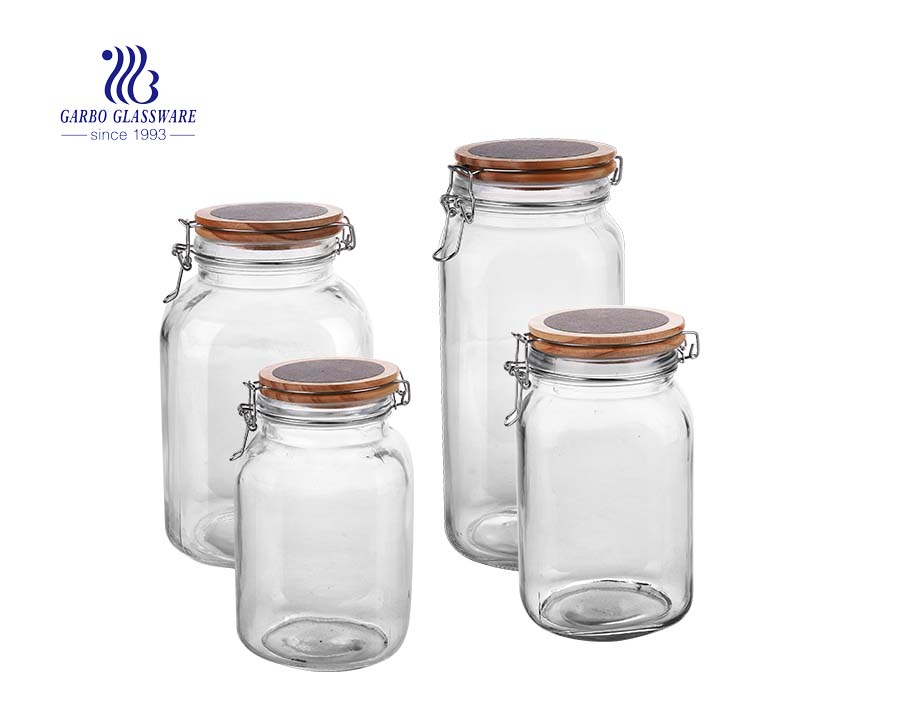 Set of 4 Clear Glass Airtight Kitchen Canisters and Canning Jars with Bail  Trigger Hermetic Seal Clamp Lids  (red Lid)