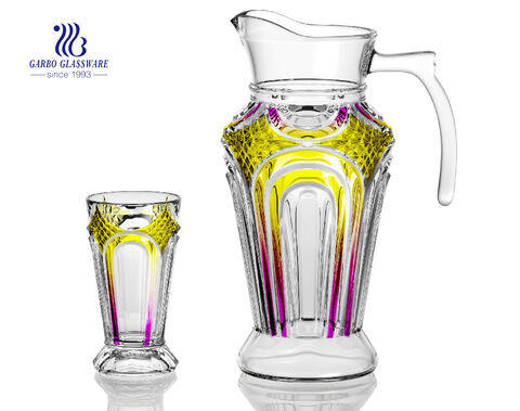 Garbo new design colorful 7 pcs glass jug and cup set, family use glass drinking set