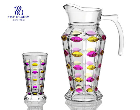 Garbo new design colorful 7 pcs glass jug and cup set, family use glass drinking set