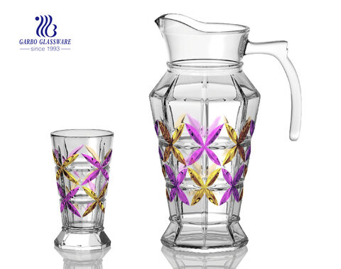 Garbo new design colorful 7 pcs glass jug and cup set, family use glass drinking set