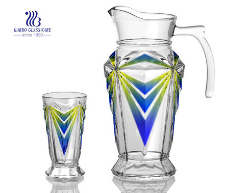 Garbo new design colorful 7 pcs glass jug and cup set, family use glass drinking set