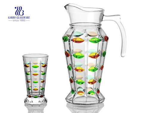 Wholesale 7pcs 1.3L glass pitcher glassware set drinking glass set, high quality juice jug with plastic lid promotion glass water drink set